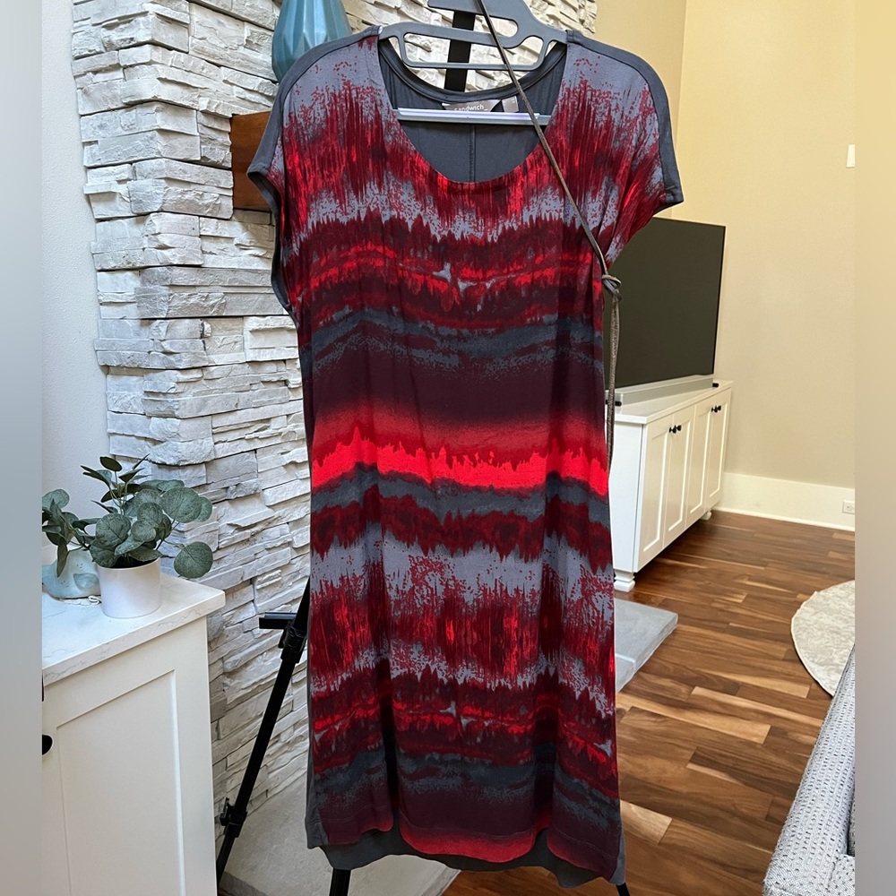 Red and grey shift dress with suede tie belt